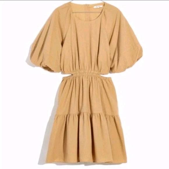 Madewell Women's Seersucker Puff-Sleeve Tan Lagenlook Preppy Mini Dress. Sz L - Picture 5 of 9